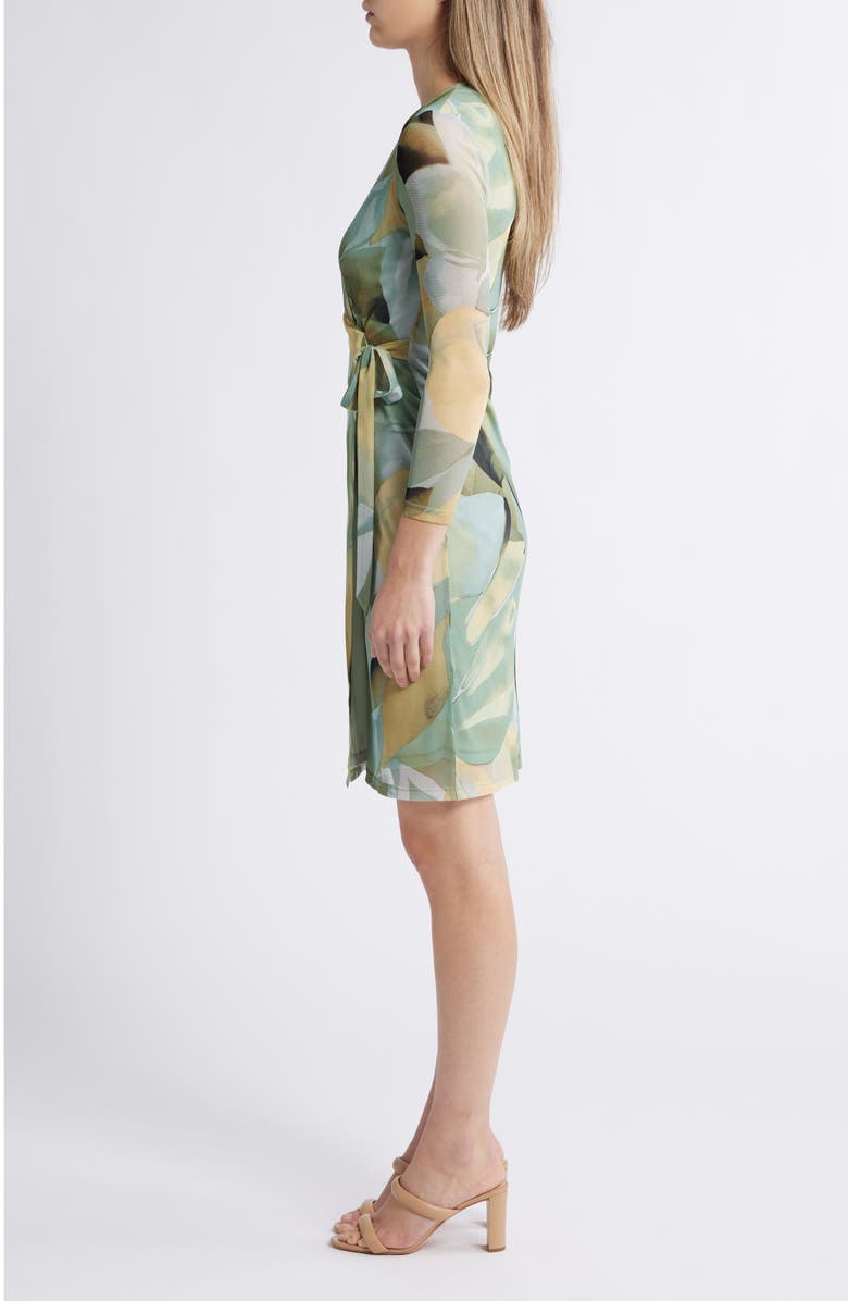 Anne Klein Botanical Print Long Sleeve Mesh Wrap Dress, Alternate, color, 