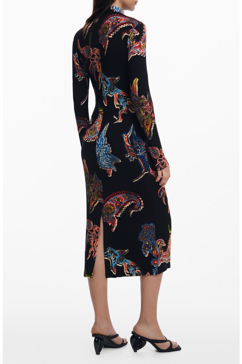 Abstract Print Long Sleeve Midi Dress, Alternate, color, BLACK