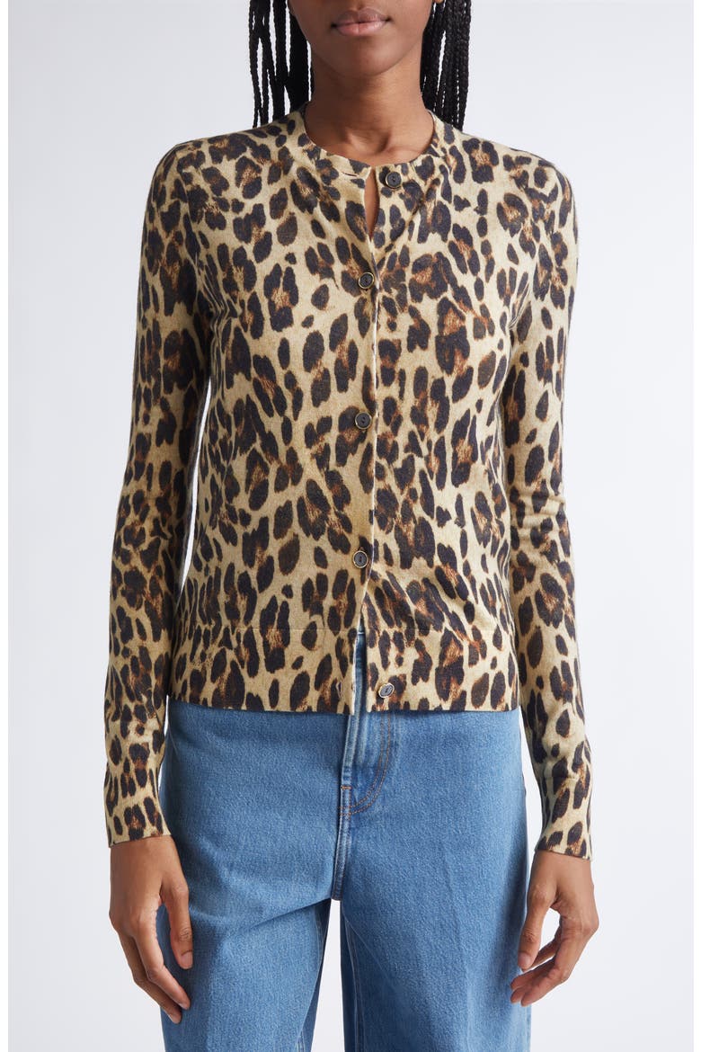 Loepard Print Wool Cardigan, Main, color, BRONZE LATTE MULTI
