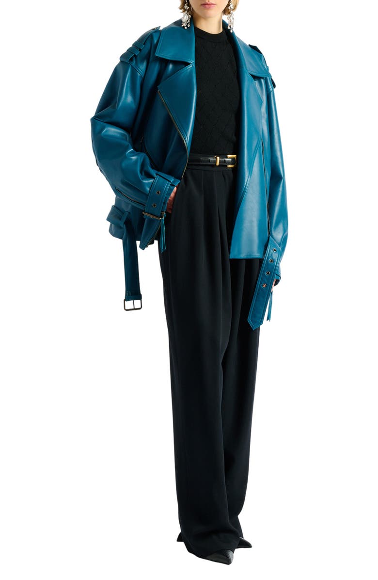 Balmain Lambskin leather biker jacket, Main, color, Blue
