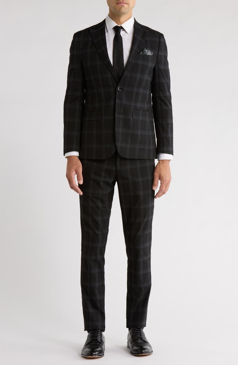 SOUL OF LONDON Fancy Plaid Two Button Slim Fit Suit, Main, color, Black