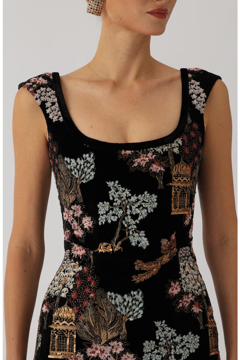 Brooke Embroidered Silk Velvet Gown, Alternate, color, BLACK MULTI