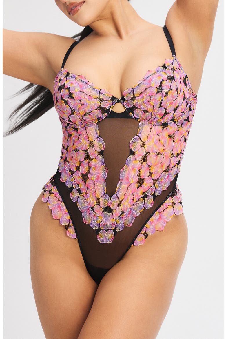 Sun Tide Floral Lace Underwire Teddy, Main, color, BLACK CAVIAR