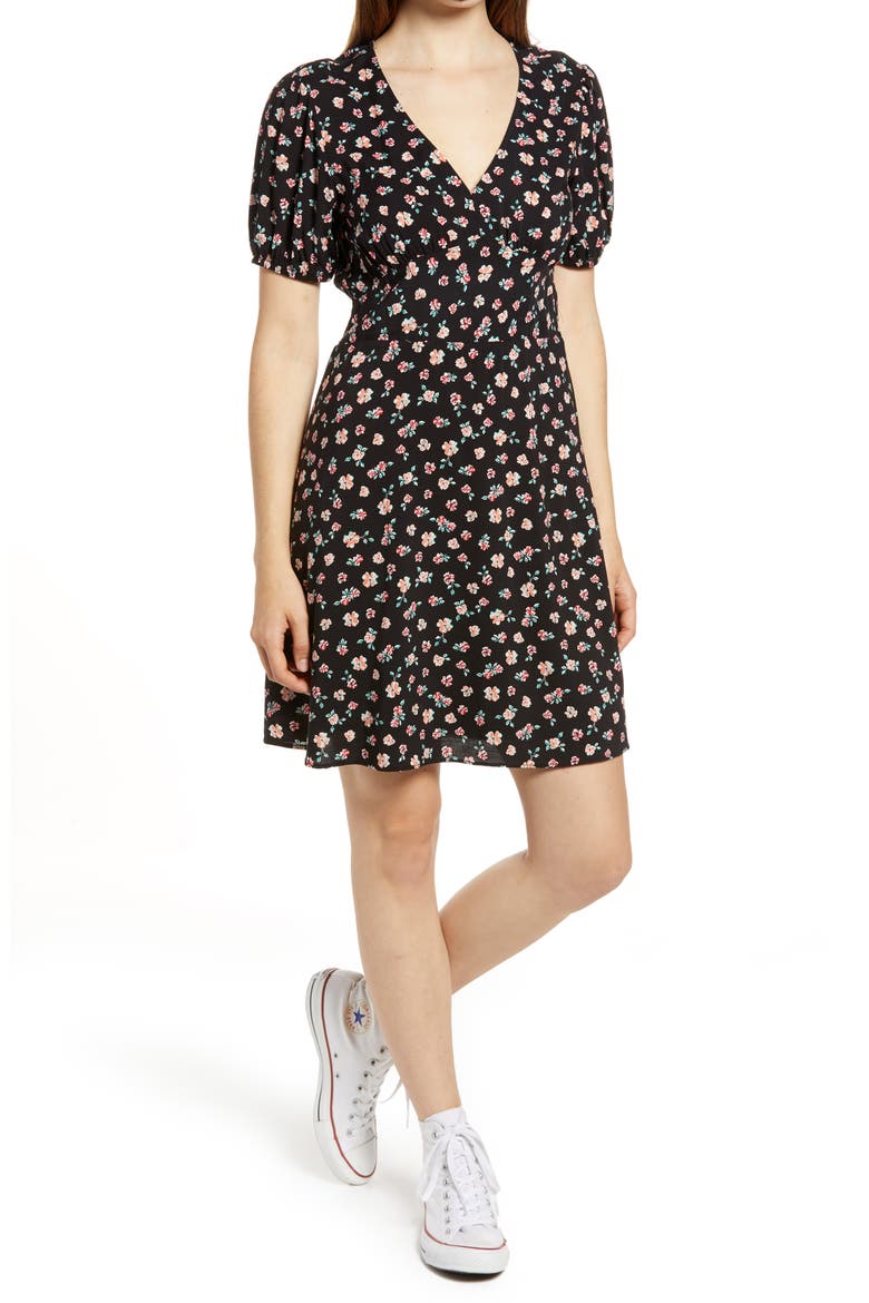 Floral Deep-V Minidress, Main, color, BLACK DAISY PRINT