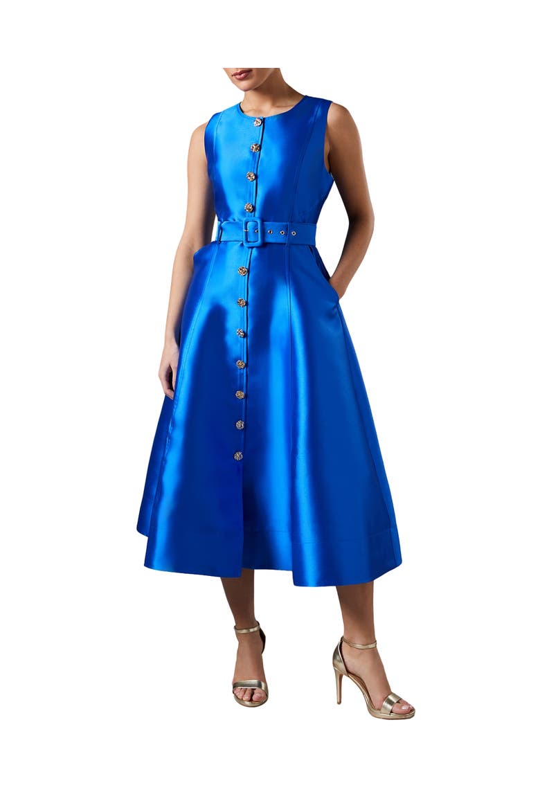 Button Through Belted A-Line Dress, Main, color, Cobalt
