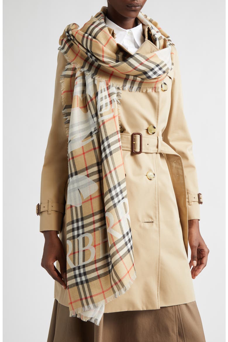 Wide EKD Check Wool & Silk Fringe Scarf, Main, color, SAND