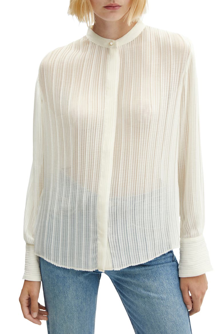 Semisheer Plissé Button-Up Shirt, Main, color, ECRU