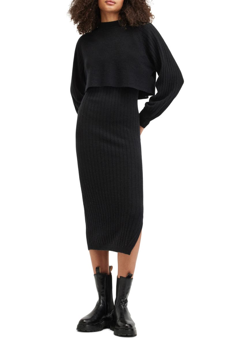 AllSaints Margot Two-Piece Rib Crop Sweater & Midi Sweater Dress, Main, color, Doe Brown
