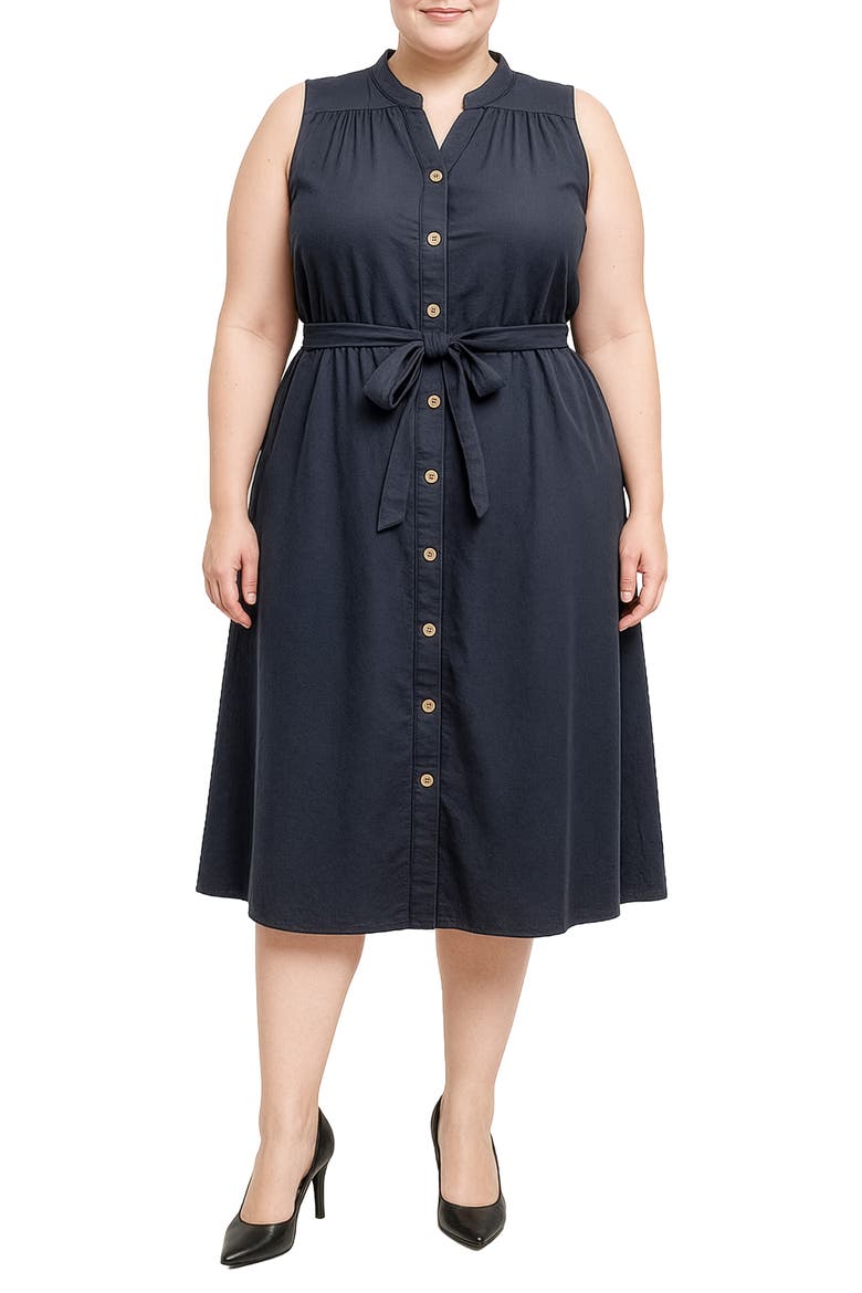 Belted Sleeveless Cotton Shirtdress, Main, color, NAVY