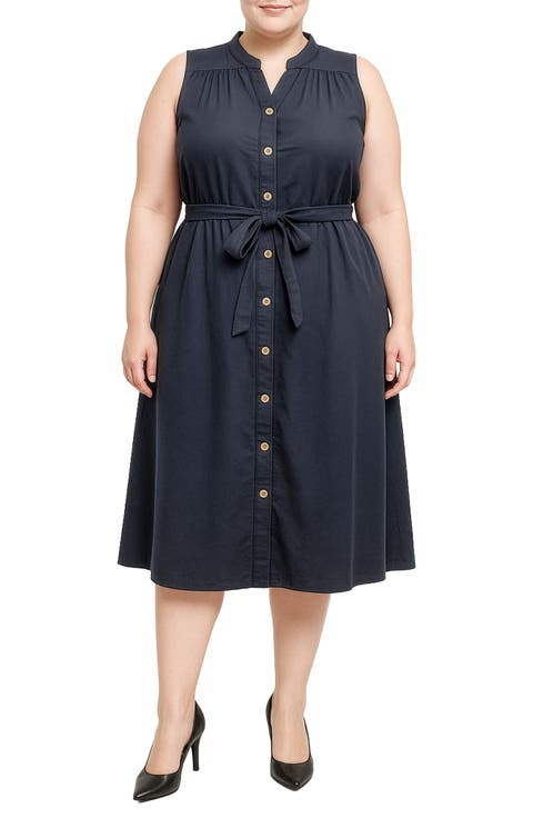 Belted Sleeveless Cotton Shirtdress (Plus)