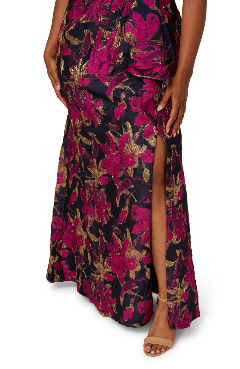 Adrianna Papell Metallic Floral Jacquard Mermaid Gown, Alternate, color, Navy/ Pink