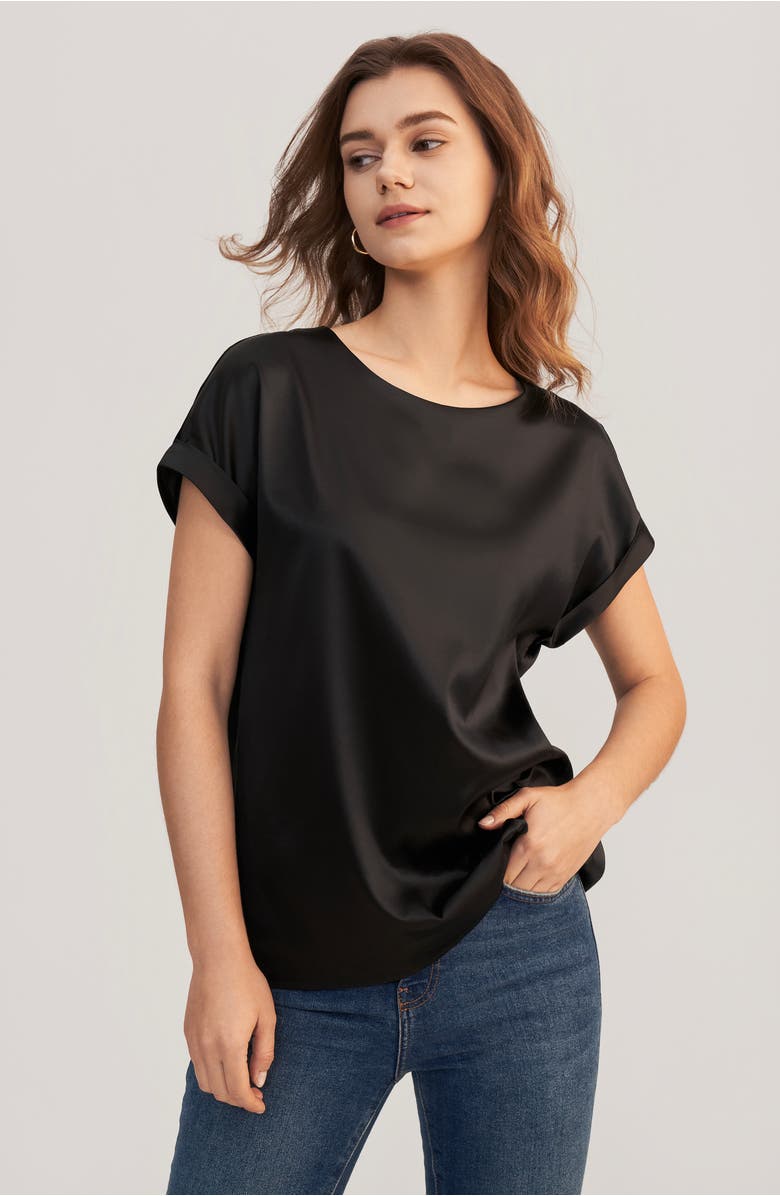 Lilysilk Short Sleeves Round Neck Silk Tee, Alternate, color, Black