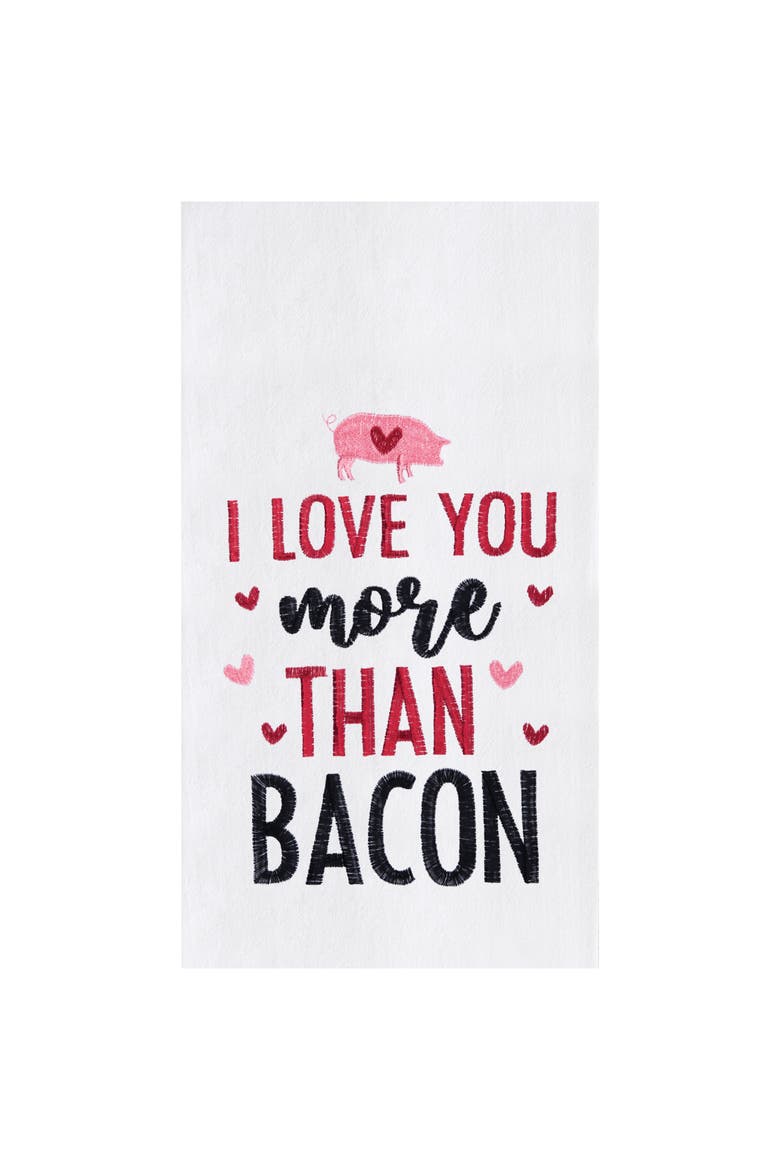 "I Love You More Than Bacon" Piggy 100% Cotton Flour Sack Valentine's Day Dishtowel, Main, color, red