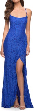 La Femme Stretch Lace Dress with Ruffle Skirt Detail and Slit