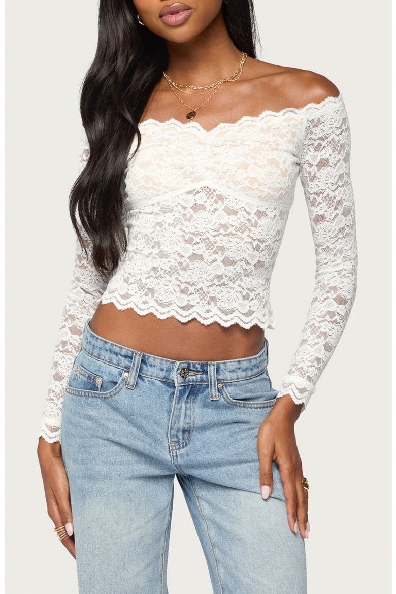 Thaia Sheer Lace Off the Shoulder Top, Main, color, WHITE