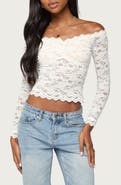 EDIKTED Thaia Sheer Lace Off the Shoulder Top