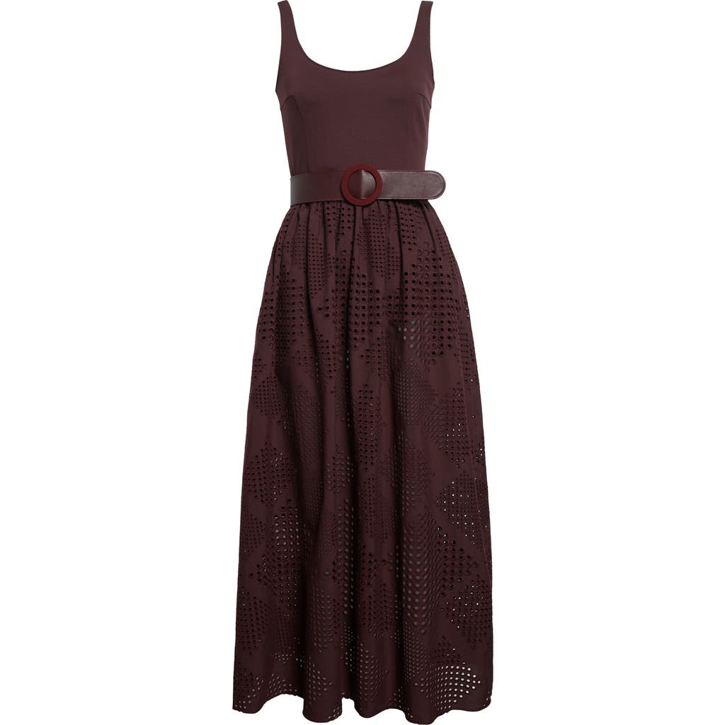 Akris Punto Mixed Media Diamond Eyelet Belted Midi Dress In Brown