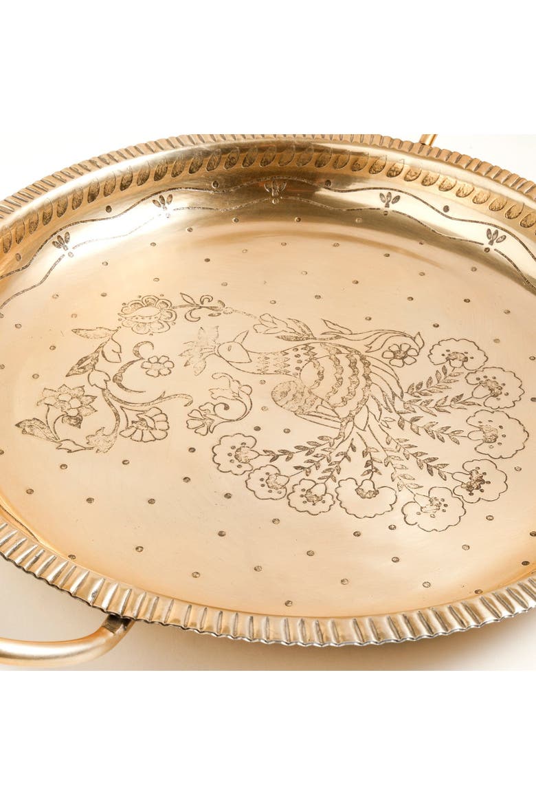 Nanpur Peacock Patterned Handle Round Metal Decorative Tray 17X14X3 In, Alternate, color, Gold