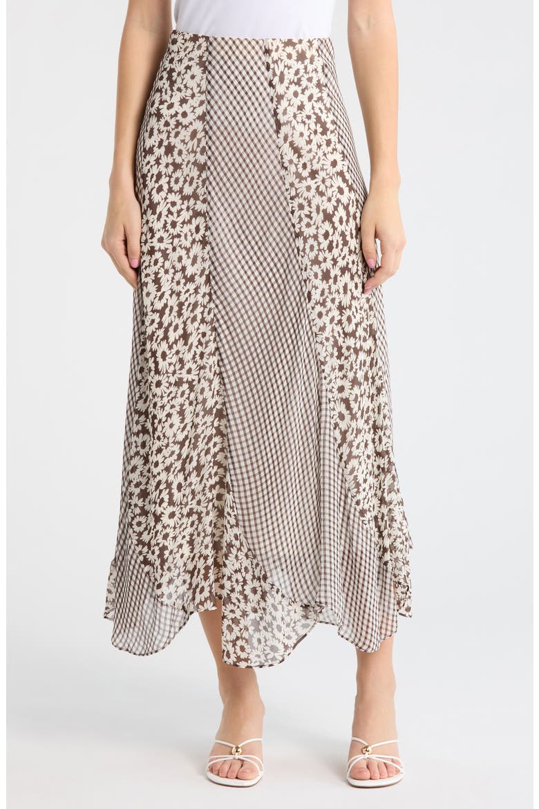 Felina Mixed Print Midi Skirt, Main, color, ESPRESSO DAISY GINGHAM MIX