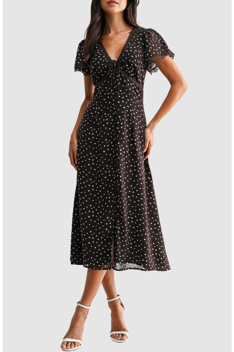Flutter Sleeve Fit & Flare Midi Dress, Main, color, BROWN CREAM