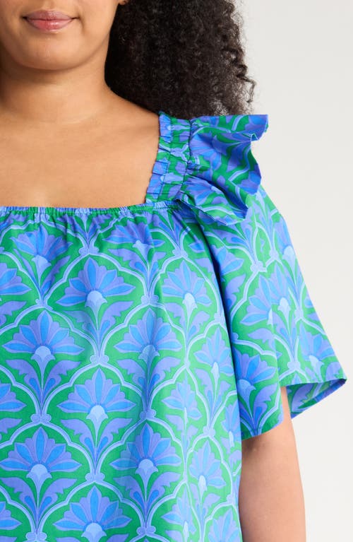 Sugarlips Sera Floral Careen Square Neck Cotton Poplin Top In Blue