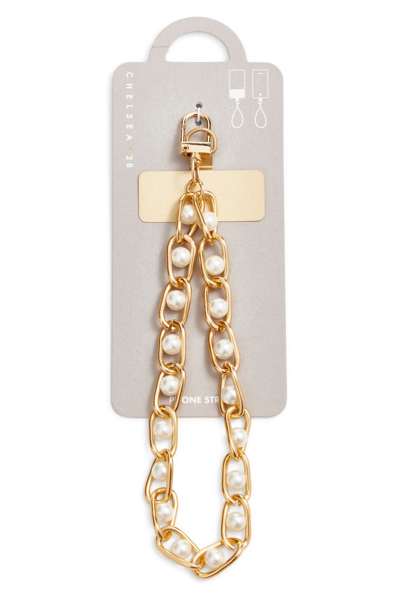 Faux Pearl Chain Link Phone Wrist Strap, Alternate, color, WHITE- GOLD