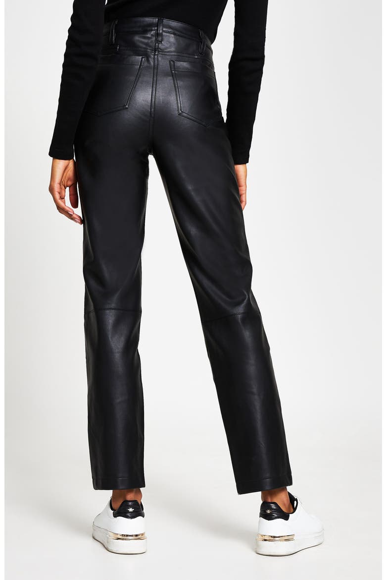 Faux Leather Fitted Straight Leg Trousers, Alternate, color, BLACK