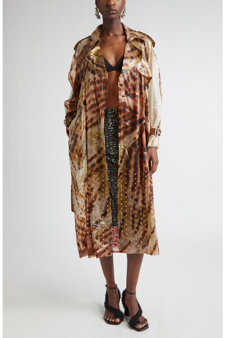 Risto Orchid Print Studded Sheer Trench Coat, Main, color, BROWN