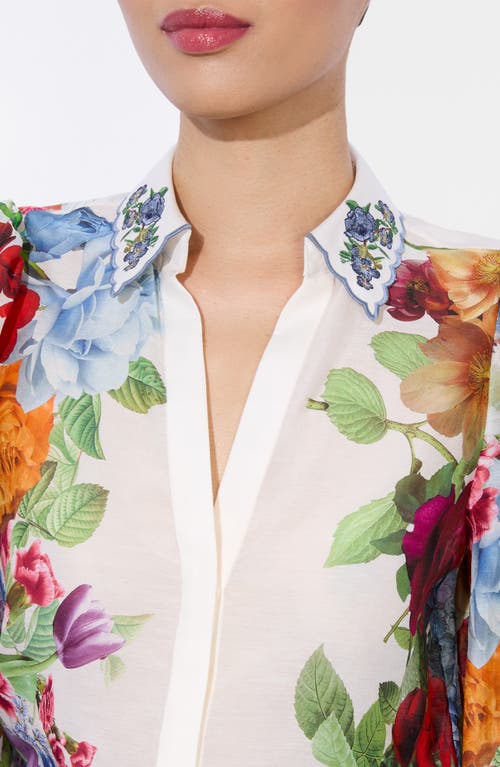 Shop Alice And Olivia Alice + Olivia Roanne Placed Floral Cotton & Silk Button-up Shirt In Garden Brunch Off White