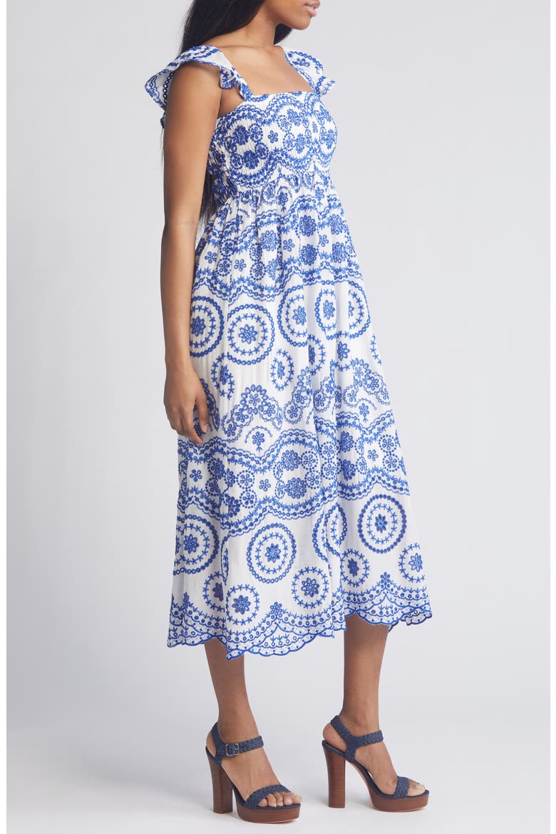 Embroidered Eyelet Smocked Sleeveless Maxi Sundress, Alternate, color, IVORY- BLUE