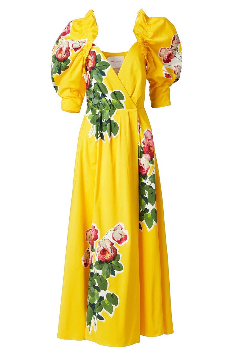 Carolina Herrera Floral Puff Sleeve Wrap Dress, Alternate, color,