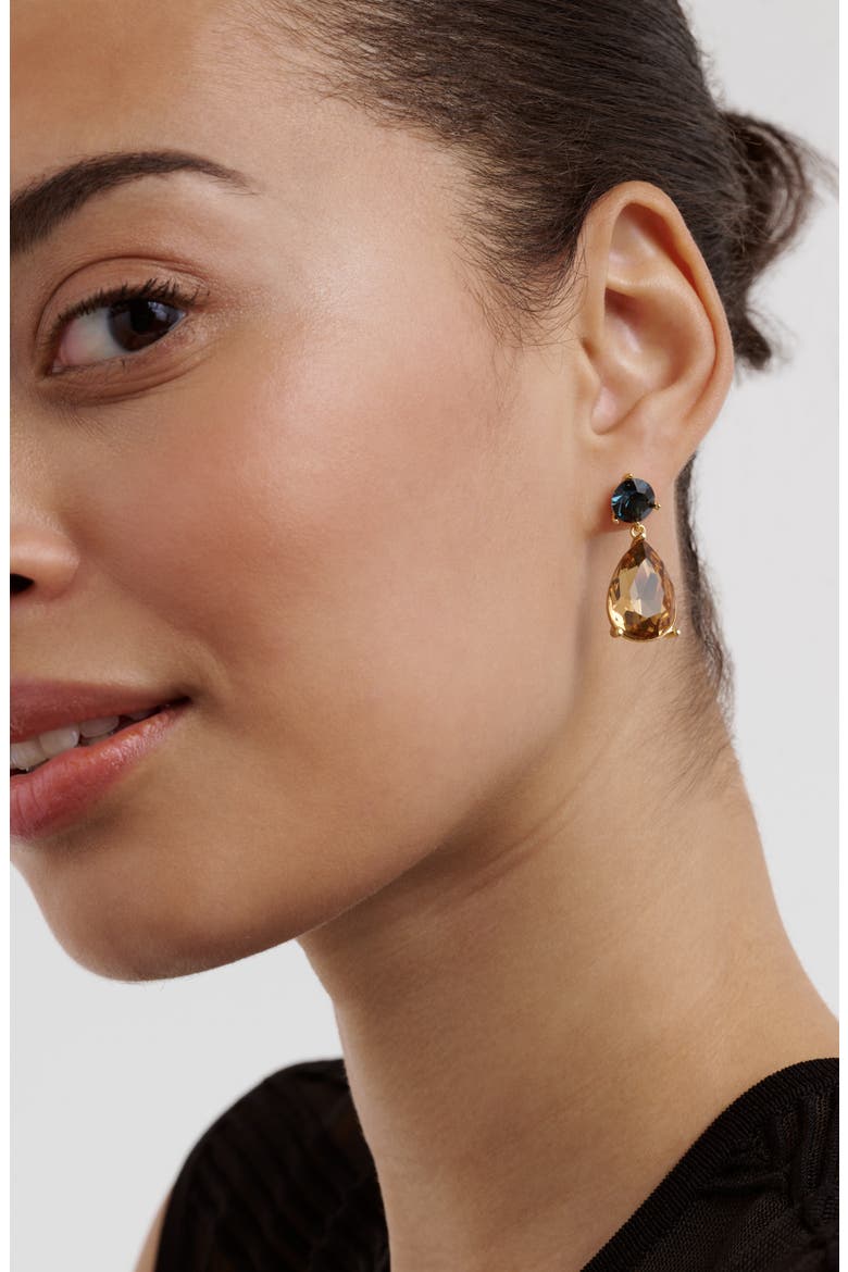 Teaire Crystal Drop Earrings, Alternate, color, GOLD TONE / DARK BLUE / TOPAZ
