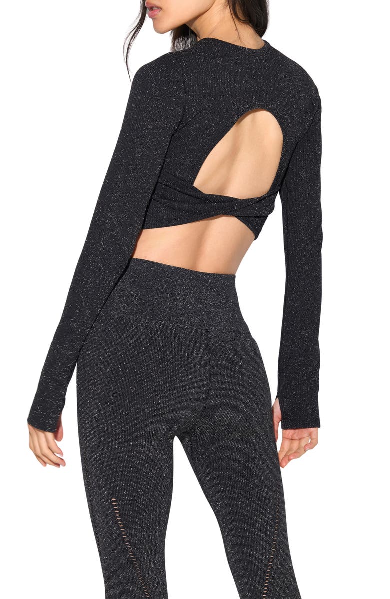 Spiritual Gangster Liberty Shimmer Long Sleeve Crop Top, Alternate, color, Black
