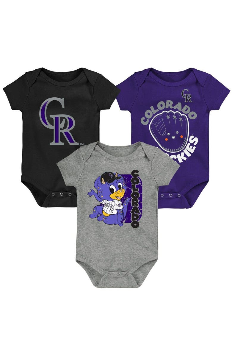 Outerstuff Newborn & Infant Black/Purple/Gray Colorado Rockies Change Up 3-Pack Bodysuit Set, Main, color, Black