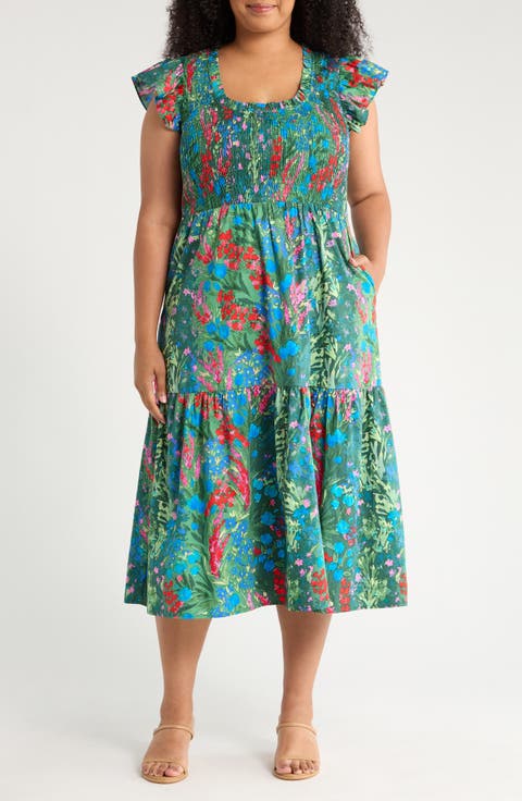 Devin Floral Glare Smocked Cotton Maxi Dress (Plus)