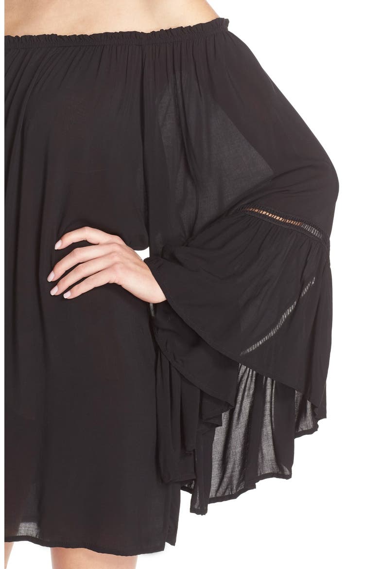 Off the Shoulder Bell Sleeve Cover-Up Tunic, Alternate, color, BLACK