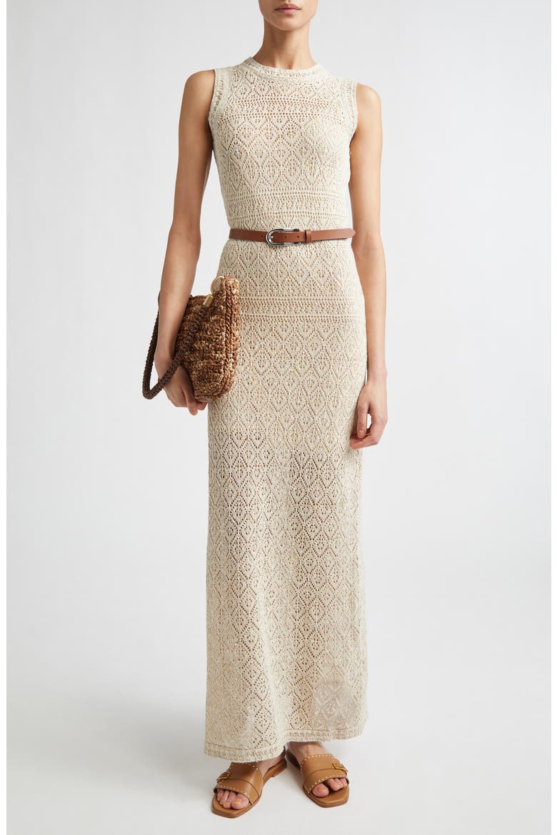 Metallic Linen, Cotton & Silk Blend Pointelle Maxi Sweater Dress, Alternate, color, IVORY