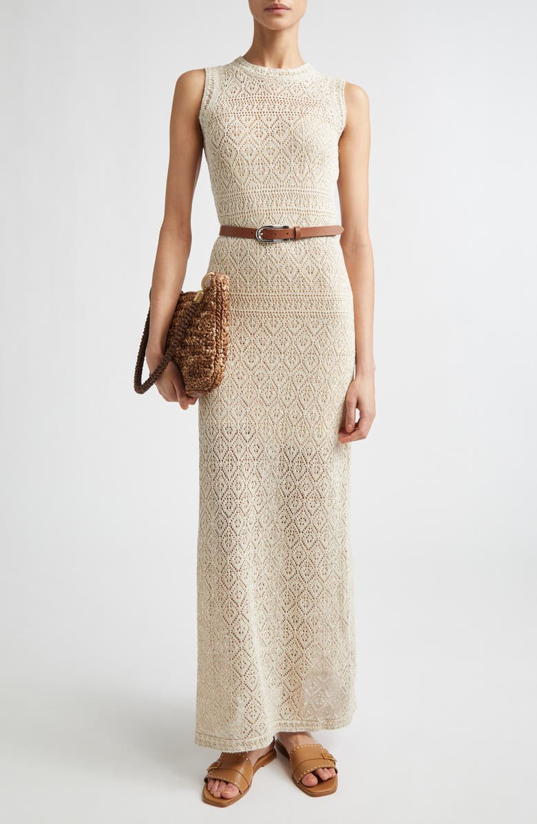 Eleventy Metallic Linen, Cotton & Silk Blend Pointelle Maxi Sweater Dress, Alternate, color, Ivory