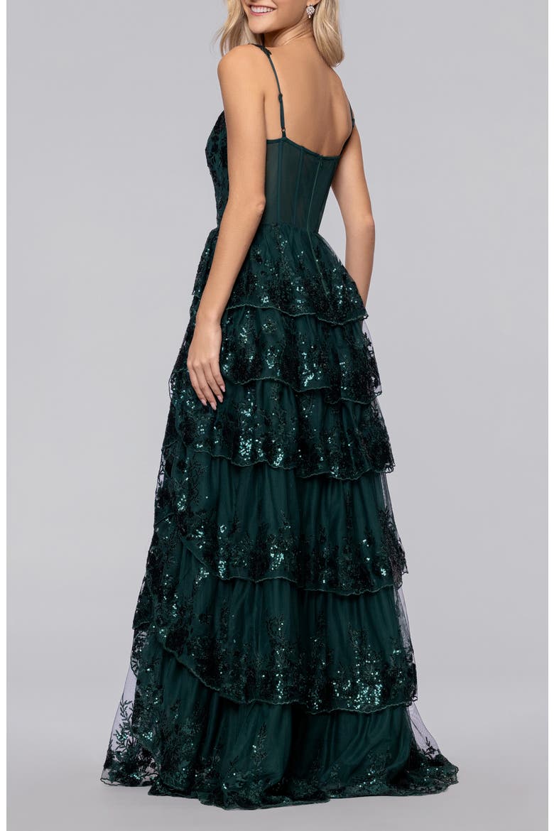 Sequin Tiered Ruffle Ballgown, Alternate, color, HUNTER