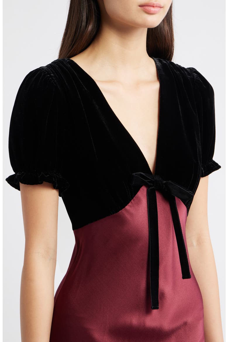 Dory Puff Sleeve Mixed Media Velvet & Satin Cocktail Dress, Alternate, color, GARNET