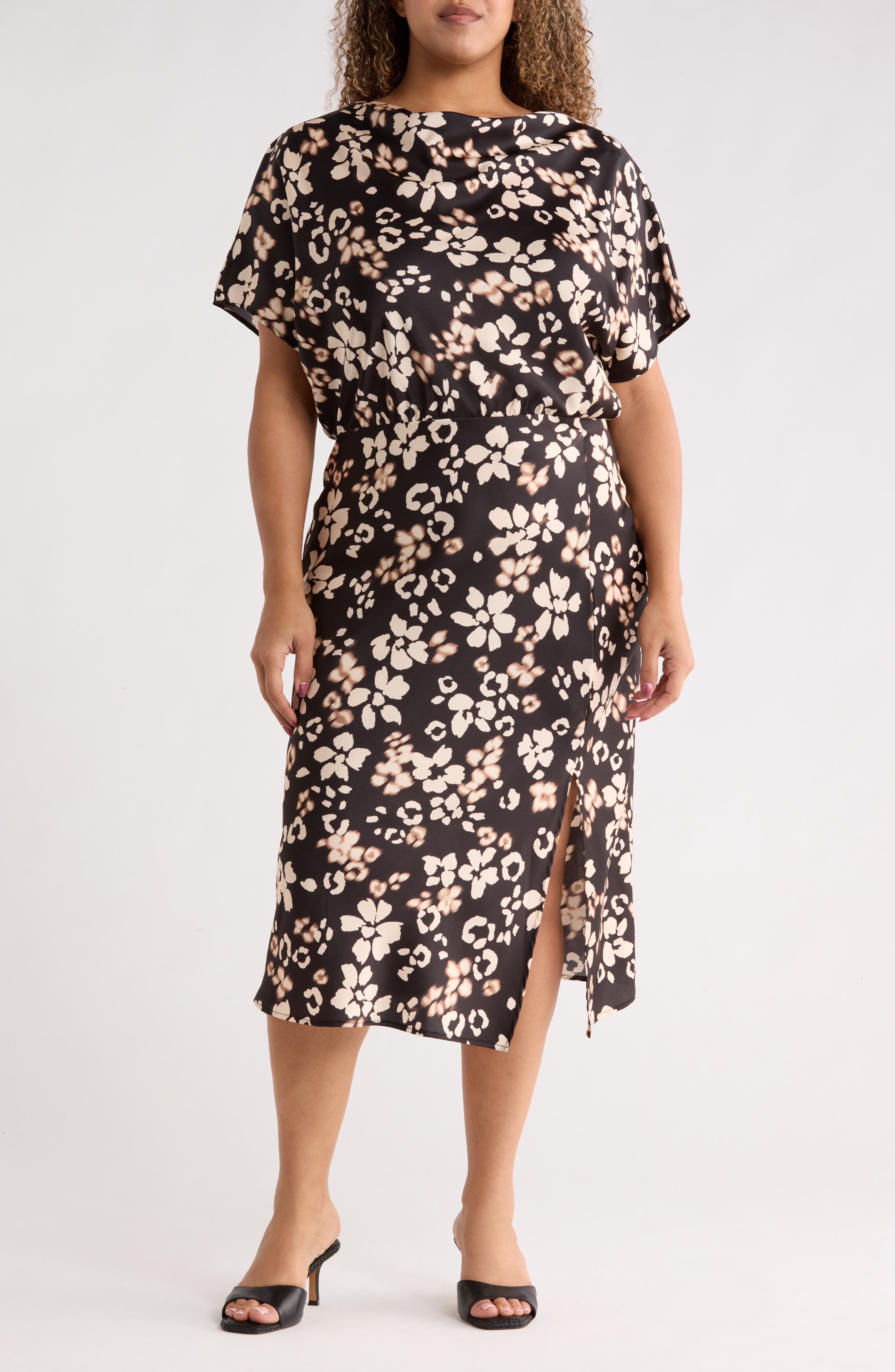 Renee C Floral Short Sleeve Satin Midi Dress