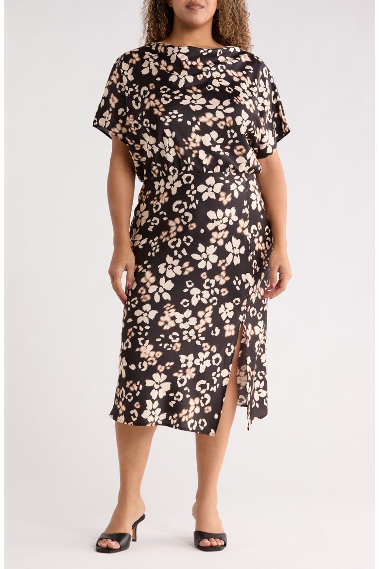 Floral Short Sleeve Satin Midi Dress, Main, color, BLACK
