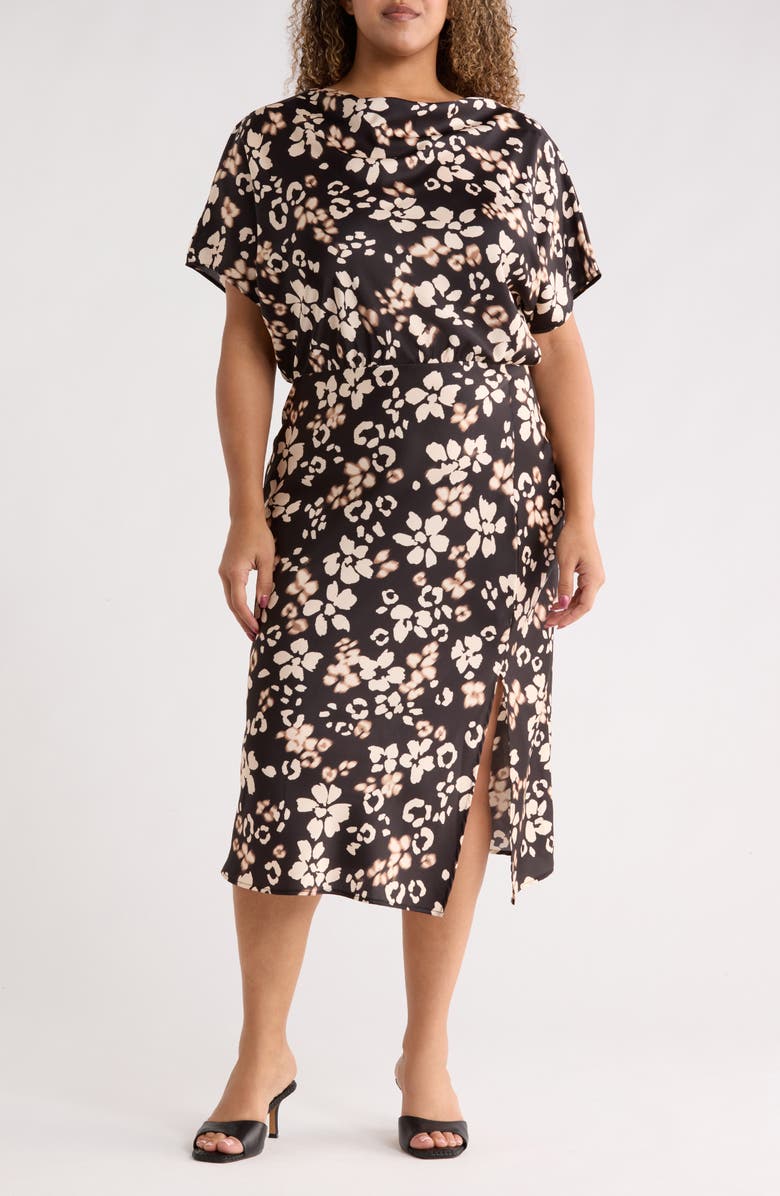 Renee C Floral Short Sleeve Satin Midi Dress, Main, color, Black