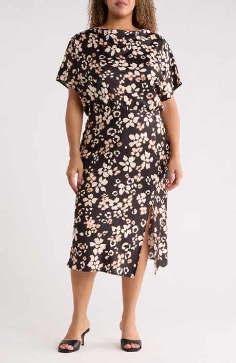 Renee C Floral Short Sleeve Satin Midi Dress