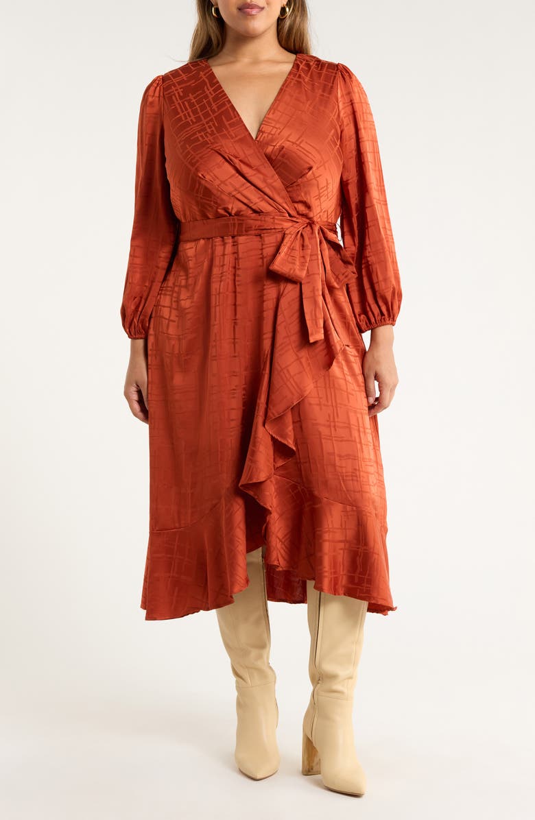 Tahari ASL Long Sleeve Satin Faux Wrap Dress, Main, color, Persimmon