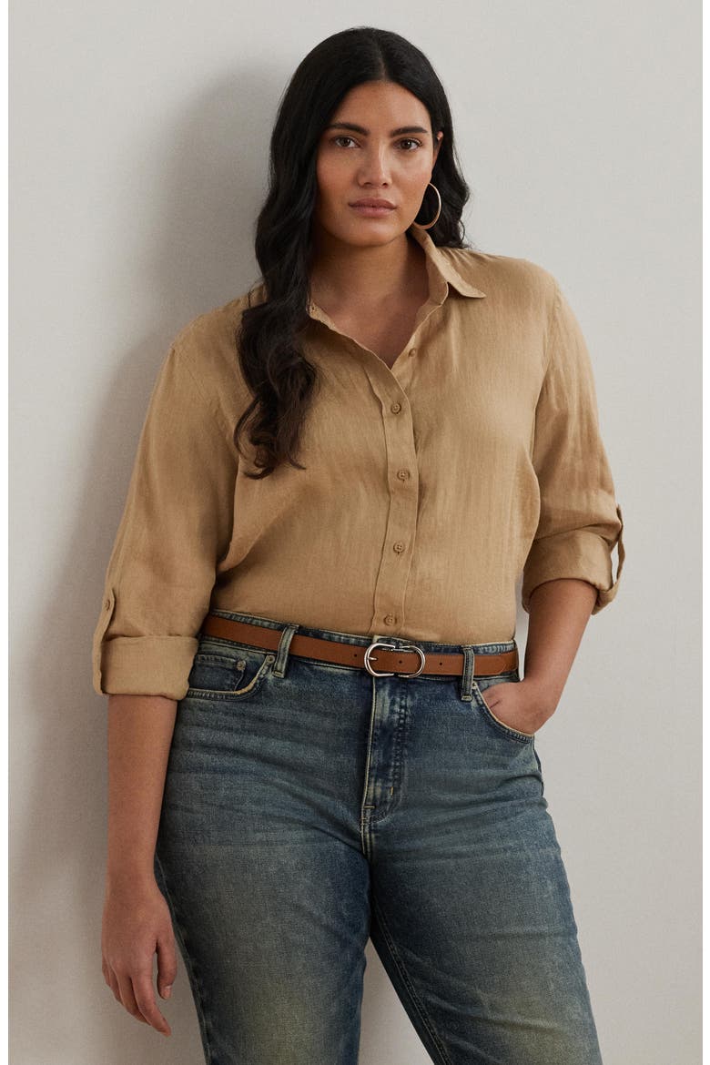 Karrie Tissue Linen Button-Up Shirt, Alternate, color, TAN