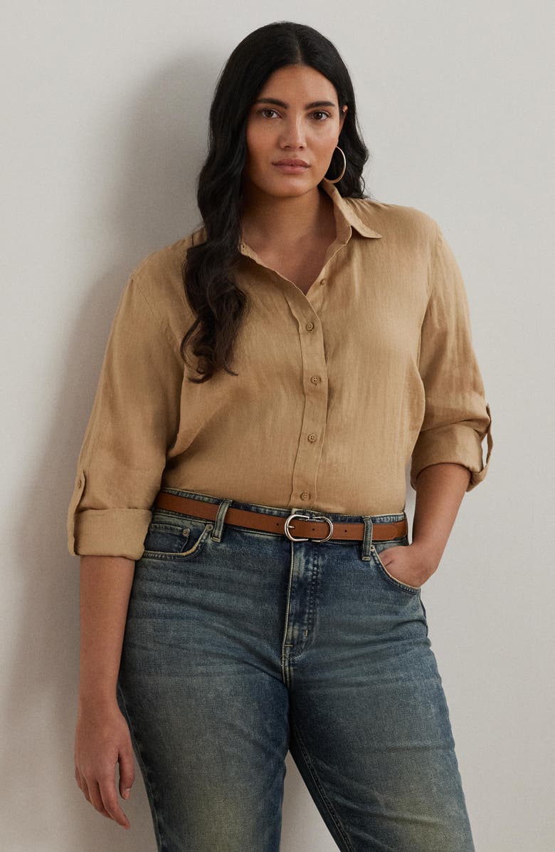 Lauren Ralph Lauren Karrie Tissue Linen Button-Up Shirt, Alternate, color, Tan