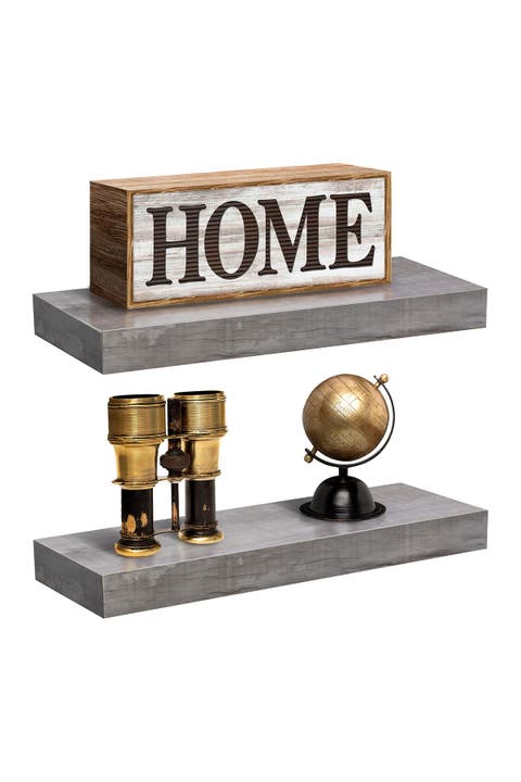 Grey/Wood 2 Tier Wooden Wall Mounted Floating Shelf