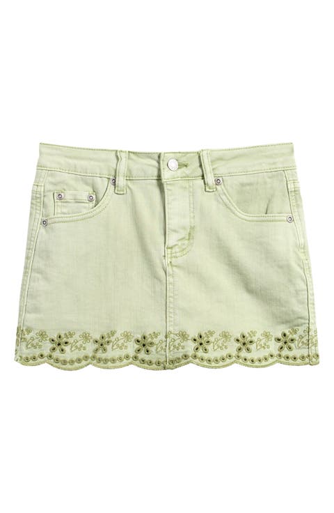Eyelet Embroidered Scallop Hem Denim Skort