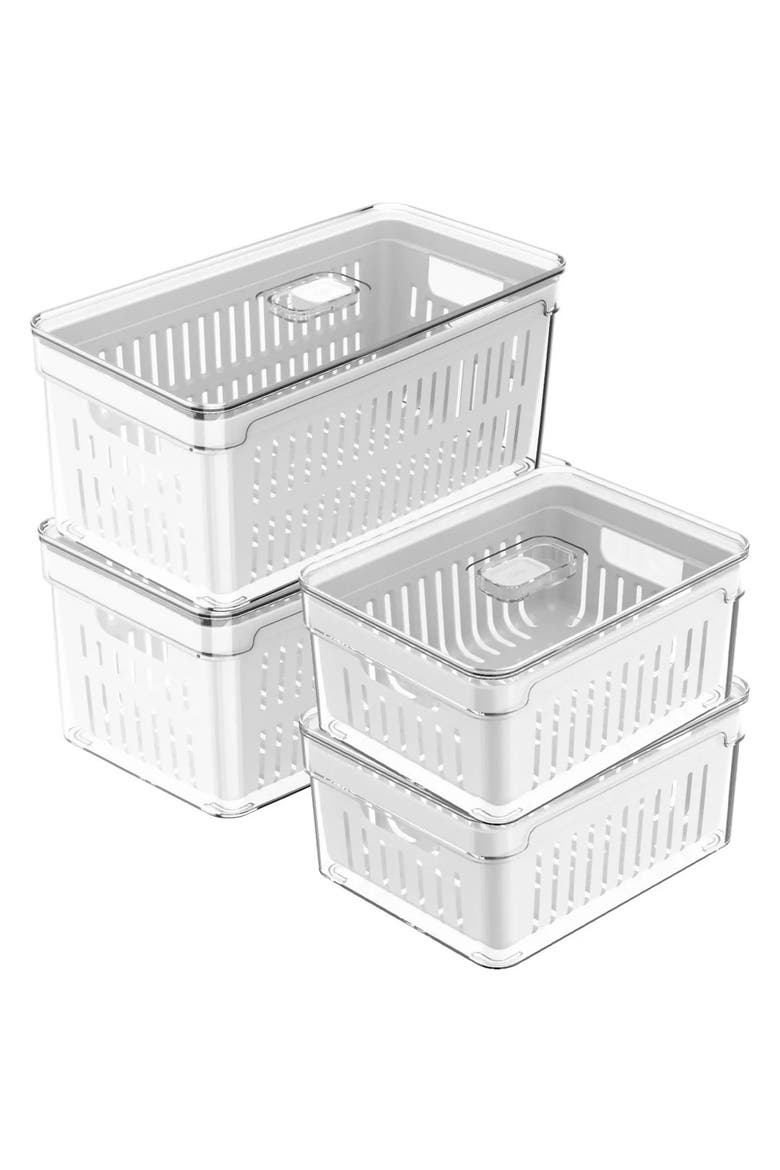 Clear Stackable Fridge Organizer Bin with Drain Basket and Vented Lid, 4 Pack, Main, color, Clear with White Drainer